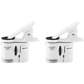 ZJchao Pocket Microscope, 2 Pcs 9595W 60X Magnifying Glass LED Light Mini Mobile Phone Clip Microscope Smartphone Adapter Clip Microscopes LED Lighted Pocket Microscopes