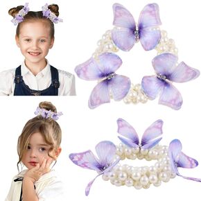 2PCS Butterfly Pearl Hair Ties for Girls Baby Toddler White Beaded Pearl Hair Accessories Cute Hair Ties with Blue Butterfly Elastics Ponytail Hair Bands for Women Girls HD-Pink