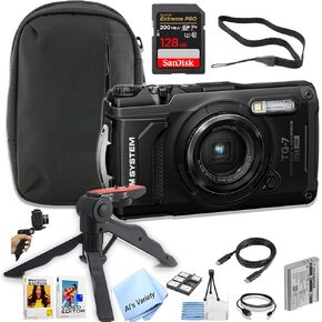 OM SYSTEM Tough TG-7 Digital Camera (Black) + 128GB Extreme PRO Memory + Case, Grip, Software Pack (Rugged Bundle)-Waterproof (Renewed)