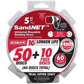 Diablo SandNet Reusable Sanding Discs with Connection Pad for Wood, Metal and Plastics- 5", 400 Grit, Micro Fine, 60-Pack - DND050400H60P