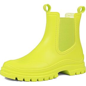 DKSUKO Women's Short Rain Boots Rubber Waterproof Garden Boots Elastic Slip On Ankle Chelsea Boot Fashion Insulated Rain Shoe for Outdoor Work Thick Sole (8 B(M) US, Fluorescent green A)