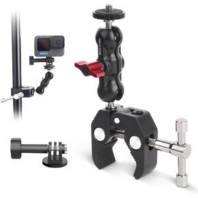 Camera Clamp Mount with Dual Ballhead Magic Arm, 360° Double Ball Head Adapter with 1/4"-20 & 3/8"-16 Thread for DSLR, Action Camera, Phone, Monitor, LED Light, Microphone (SJ019)