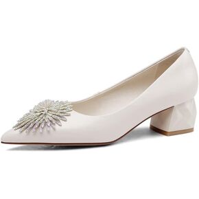 TinaCus Women's Pointed Toe Genuine/Suede Leather Handmade Rhinestone Floral Decor Low Chunky Heel Pumps Shoes