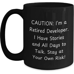 Devlishly Funny Retired Developer's Black Coffee Mug - Caution: Storytime Ahead for Fellow Coders Gifts for Valentine's Day from Techies to Loved Ones