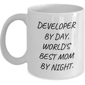 Developer By Day White Coffee Mug for Valentine's Unique Gifts from Men to Developer Friends - Funny Quote 'Developer By Day, World's Best Mom By Night.'