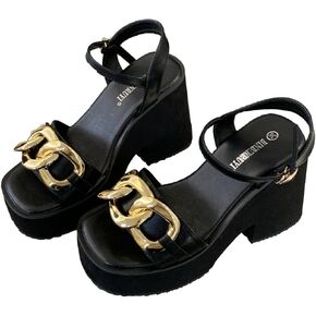 Women's Leather Chain Decor Platform Heels Sandals with Adjust Ankle Strap Fashion Comfort Open Round Toe Chunky High Heels Slingback Sandals Summer Party Wedding Dress Pumps