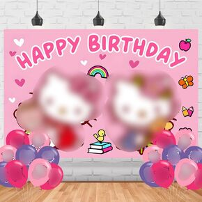 Kitty Cat Birthday Decorations,Cartoon Kitty Cat Backdrops for Party Decorations Supplies,Anime Happy Birthday Banner Backdrop for Party Supplies (5x3ft)