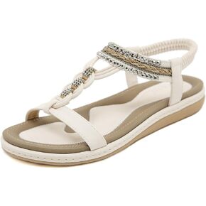 Women's T-Strap Rhinestone Flat Sandals Comfortable Open Toe Elastic Ankle Strap Slip On Walking Sandals Summer Fashion Bohemian Beach Shoes