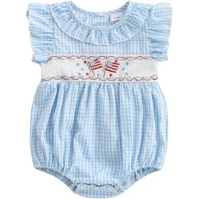 Karuedoo Infant Baby Girl 4th of July Outfit Embroidered Flag Ruffle Sleeveless Plaid Smocked Bubble Romper Patriotic Clothes