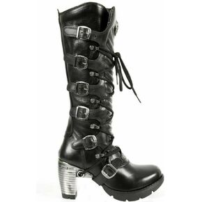 Newrock TR004-S1 Ladies Black Leather Buckle Lace Knee High Heeled Goth Punk Fashion Zip Boot