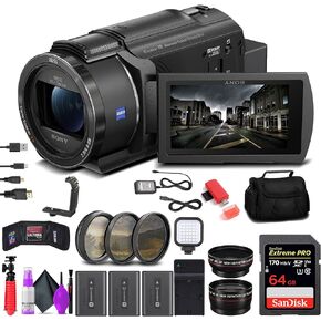 Sony FDR-AX43 UHD 4K Handycam Camcorder (FDRAX43/B) + 64GB Memory Card + 2 x NP-FV70 Batteries + 3 Piece Filter Kit + Wide Angle Lens + Telephoto Lens + Bag + Charger + LED Light - Vlogger Bundle