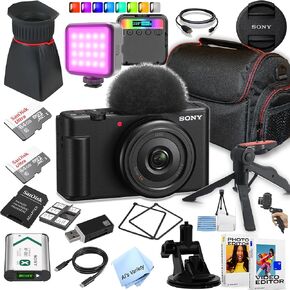 Sony ZV-1F Vlog Camera for Content Creators and Vloggers - Includes 2 x 64GB Memory Cards, RGB Video Light, LCD Hood with Magnifier, Gripster Tripod, and More (Extreme Bundle) (Renewed)