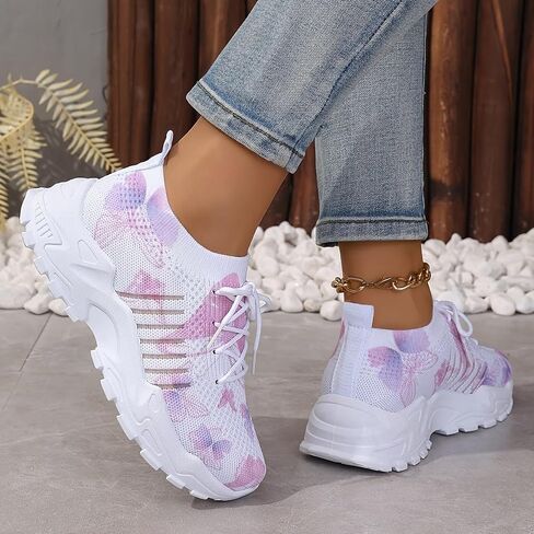 Women's Mesh Lace-Up Fashion Sneakers - Breathable Adorable Butterflies Casual & Comfortable Walking Shoes in Saudi Arabia