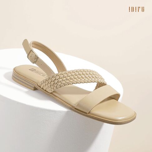 IDIFU Flat Braided Strappy Sandals for Women Square Open Toe Slingback with Buckle Adjustable Back Strap Women's Summer Beach Wedding Comfortable Cute Dressy Tendy Dress Sandals for Ladies Brides in Saudi Arabia