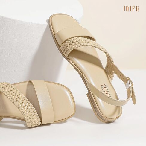 IDIFU Flat Braided Strappy Sandals for Women Square Open Toe Slingback with Buckle Adjustable Back Strap Women's Summer Beach Wedding Comfortable Cute Dressy Tendy Dress Sandals for Ladies Brides in Saudi Arabia