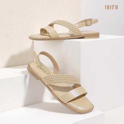 IDIFU Flat Braided Strappy Sandals for Women Square Open Toe Slingback with Buckle Adjustable Back Strap Women's Summer Beach Wedding Comfortable Cute Dressy Tendy Dress Sandals for Ladies Brides in Saudi Arabia