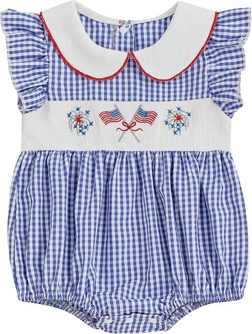 Karuedoo Infant Baby Girl 4th of July Outfit Embroidered Flag Ruffle Sleeveless Plaid Smocked Bubble Romper Patriotic Clothes in Saudi Arabia