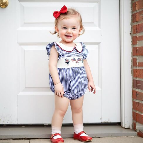 Karuedoo Infant Baby Girl 4th of July Outfit Embroidered Flag Ruffle Sleeveless Plaid Smocked Bubble Romper Patriotic Clothes in Saudi Arabia