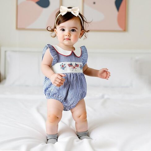 Karuedoo Infant Baby Girl 4th of July Outfit Embroidered Flag Ruffle Sleeveless Plaid Smocked Bubble Romper Patriotic Clothes in Saudi Arabia
