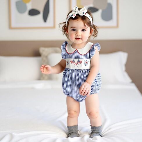 Karuedoo Infant Baby Girl 4th of July Outfit Embroidered Flag Ruffle Sleeveless Plaid Smocked Bubble Romper Patriotic Clothes in Saudi Arabia