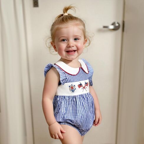 Karuedoo Infant Baby Girl 4th of July Outfit Embroidered Flag Ruffle Sleeveless Plaid Smocked Bubble Romper Patriotic Clothes in Saudi Arabia