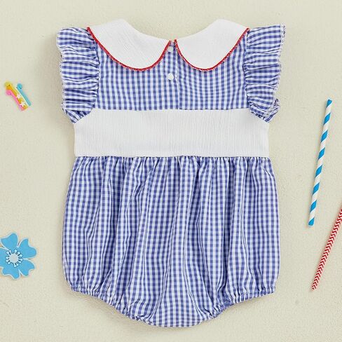Karuedoo Infant Baby Girl 4th of July Outfit Embroidered Flag Ruffle Sleeveless Plaid Smocked Bubble Romper Patriotic Clothes in Saudi Arabia