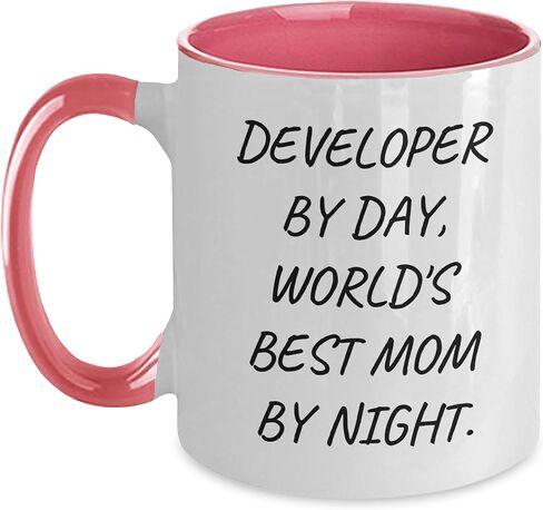 Developer By Day, World's Best Mom By Night. Two Tone Coffee Mug, Valentine's Unique Gifts from Mom to Developer in Kuwait