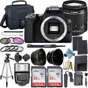 Canon EOS 250D (Rebel SL3) DSLR Camera with EF-S 18-55mm Lens + 2PC SanDisk 32GB Memory Card + Full Size Tripod + Case + ZeeTech Accessory Bundle (22pc Bundle) (32GB Memory Card) (Renewed)