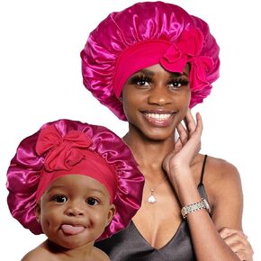 BONNET QUEEN Silk Bonnet Mommy and Me Bonnet Set Hair Bonnets Satin Cap with Tie Band Silk Hair Wrap for Sleeping Night Caps Hot Pink 2Pcs
