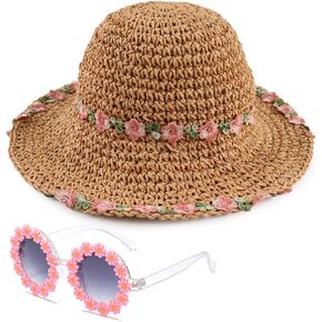 Girls Straw Hat with Flower Round Sunglasses, Foldable Flower Beach Hat Toddler Summer Sun Hats 2-6 Years