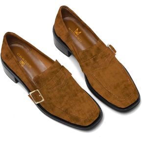 MOOMMO Women Classic Penny Loafers Closed Square Toe Patent Low Heel Loafers Slip On Metal Buckle 2" Chunky Heel Comfy Office Ladies Vintage Dress Loafer Shoes Size 4-9 M US