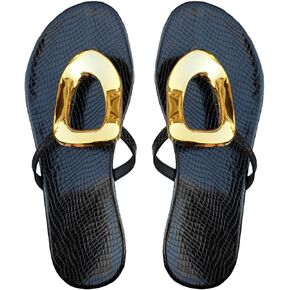 OYOANGLE Women's Metal Decor Flip Flop Thong Sandals Comfortable Slip on Flat Sandals