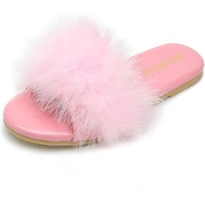 LIURUIJIA Women's Fluffy Feather Slippers Fur Slide Flat Sandals Cozy Slip On Stylish Summer Casual Party Indoor Outdoor Flats Shoes Pink 44-US 10
