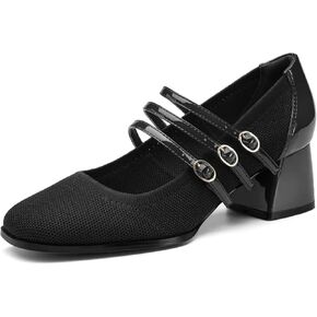 Women's Mary Jane Pumps - Chunky Mid Heel with 3-Strap Buckle Design, Comfortable Round Toe
