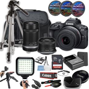 الكاميرا Canon EOS R100 بدون مرآة W/RF-S 18-45 مم و 55-210 ملم عدسة + مصباح LED + 64 جيجابايت ذاكرة + مرشحات + CASE + TRUPOD + GRIPS + HOOD ، وأكثر (حزمة 26pc) (متجددة)