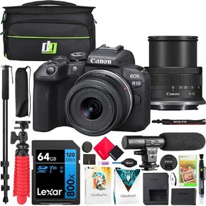 Canon EOS R10 Camera Body مع RF-S 18-45mm F4.5-6.3 هو حزمة STM Lens 5331C009 مع حقيبة التصوير الفوتوغرافي DECO + Microphone + Monopod + برنامج وملحقات إكسسوارات