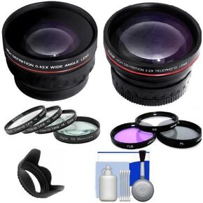 Must Have All in One Lens Kit includes 2x Telephoto Lens + 0.43x Wide Angle High Definition Lenses + 3pc Filter Set (UV, Polarizing, Fluorescent) + Close-up Set (+1 +2 +4 +10) + 5 Piece Cleaning Kit Lens Hood for NIKON D5100, D3100, D40, D60, D80, D3000, 
