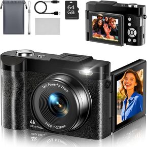 4K Digital Camera for Photography- 48MP Autofocus Vlogging Camera with 2.8" 180° Flip Screen, 16X Digital Zoom- Compact Point and Shoot Camera with 64GB SD for YouTube, Travel, Beginners