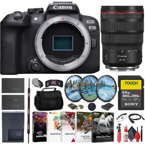 Canon EOS R10 Mirrorless Camera (5331C002) + Canon 24-70mm Lens (3680C002) + Sony 64GB Tough SD Card + Filter Kit + Bag + Charger + LPE17 Battery + Card Reader + Corel Photo Software + More (Renewed)