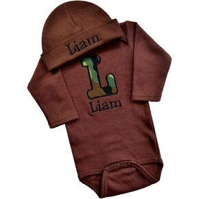 Funny Girl Designs Personalized Embroidered Baby Boys Initial Bodysuit with Matching Hat and Custom Name