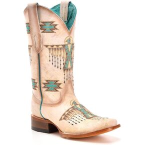 CORRAL LADIE'S WHITE-TURQUOISE EMBROIDERY SQ. TOE, LEATHER SOLE, COWHIDE LEATHER, WESTERN BOOTS, Z5219