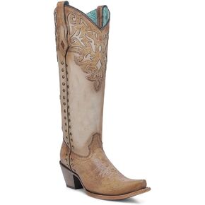 CORRAL LADIE'S HONEY/BONE OVERLAY & EMBROIDERY & STUDS TALL TOP, LEATHER SOLE, COWHIDE LEATHER, WESTERN BOOT, C4218