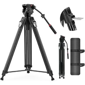 Takerers 74.8in/190cm Video Tripod with Fluid Head 360°【One-Step Max Height】Aluminum Alloy Heavy Duty Tripod for Camera DSLR, Professional Video Camera with Damping Adjustable,Qr Plate, Max Load 33lbs