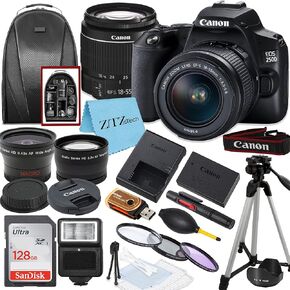 Canon EOS 250D / Rebel SL3 DSLR Camera with EF-S 18-55mm Lens + SanDisk 128GB Memory Card + Tripod + Case + Wideangle Lenses + ZeeTech Accessory Bundle (20pc Bundle) (Renewed)