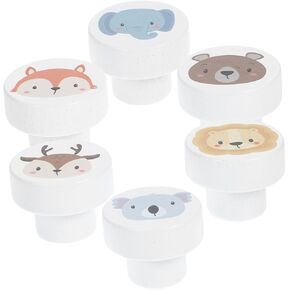 6pcs Wooden Animal Pattern Drawer Knobs Cute Boys and Girls Room Handles for Dressers White Dresser Knobs Easy Installation Multipurpose Decorative Cabinet Pulls for Wardrobes