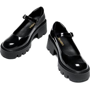 Women's Mary Jane Shoes - Platform Mary Janes for Women & Girls, Black Leather Round Toe Chunky Dress Shoes with Adjustable Ankle Strap