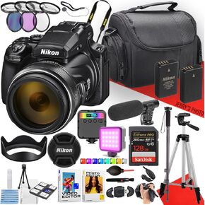 Nikon COOLPIX P1100 Digital Camera with NIKKOR 24-3000mm Lens + Microphone + RGB LED Video Light + 64GB Memory + Monopod + Filters + Tripod + More (29pc Bundle)