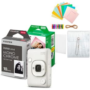 Fujifilm Instax Mini LiPlay Hybrid Instant Camera and Smartphone Printer (Misty White) Bundle with Instax Mini Twin Film Pack (20 Exposures), Instax Mini Monochrome Film, and Accessory Kit (4 Items)
