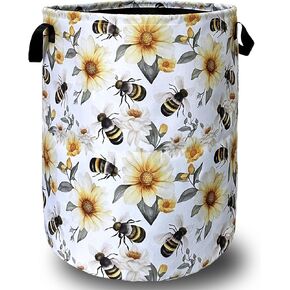 Cute Bees Laundry Basket Foldable With Handles Tote Bag Oxford Cloth Yellow Flowers Colorful Laundry Hamper Clothes Storage Bucket Toy Organizer 18.9" x 16.5" For Bathroom/Laundry/Bedroom