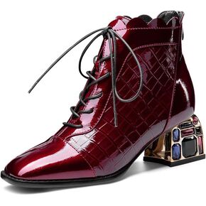TinaCus Women's Glossy Patent Leather Handmade Colorful Crystal Mid Chunky Heel Round Toe Back Zipper Ankle Boots with Selftie